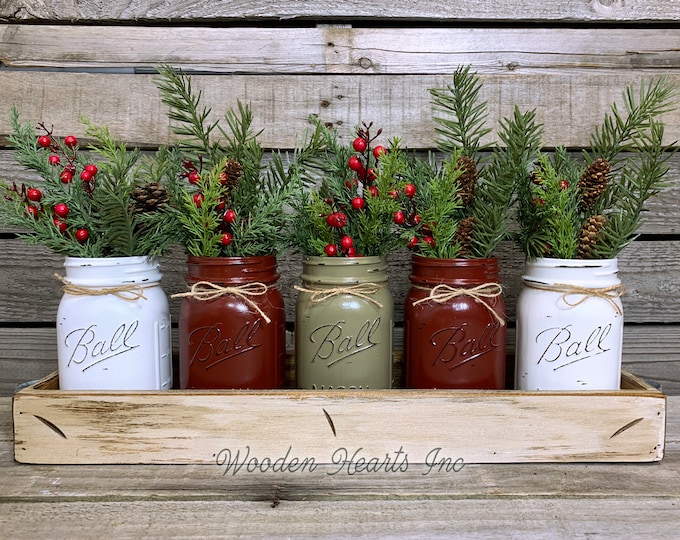 Mason Jar Centerpieces CHRISTMAS HOLIDAY Large Tray with 5 Jars (Florals optional) Distressed Wood Antique WHITE pine flowers Ball Pint