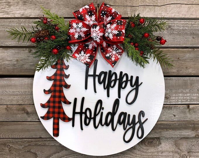 Door Hanger Christmas ,Happy Holidays Sign, Buffalo Plaid, Front door, Merry and Bright Wreath, 16" Round Sign, 3D Wood Lettering, Xmas Gift