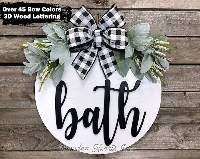 Bathroom Wall Decor *Farmhouse BATH 16" Round Sign *Wreath with Lambs Ear Greenery *Door Decorations Hanging Wall Sign *White Black