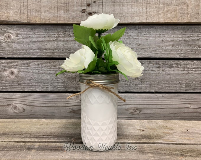 MASON Jar WEDDING Table Decor Distressed Tall QUILTED Ball Painted White Tan Brown Gray Teal Blue *Great for Centerpiece (Greenery Optional)