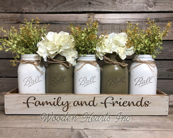 Centerpiece Tray personalize CUSTOM Engraved Wedding Kitchen Table Painted Quart or Pint Mason Jars tray gift Friends and Family gather here