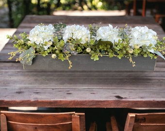 Dining Room Centerpiece Table Farmhouse Wood Tray Planter Box [Kitchen Table  Mantle Coffee Table] Rustic Floral Hydrangea Boxwood Greenery
