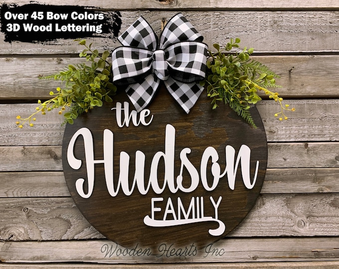 Personalized Door Hanger Welcome Wreath + Custom Family Last Name, Bow Greenery Front Decor Everyday 16" Round, Fall Sign, Personalized Gift