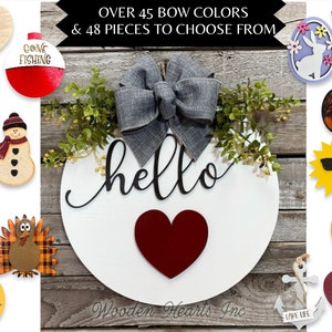 HELLO Wreath Signs Door Hanger Welcome with Bow Front Door Decor + Interchangeable Season Changer Piece 14&quot; Round,  Spring Heart