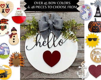 HELLO Wreath Signs Door Hanger Welcome with Bow Front Door Decor + Interchangeable Season Changer Piece 14" Round,  Spring Heart