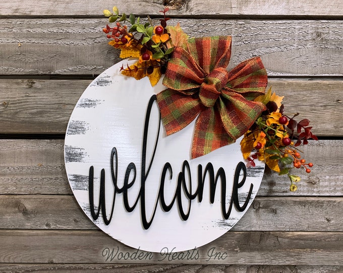 FALL Door hanger Wreath, Welcome Sign, Hello Sign, Wood Round Wall Sign, 12" or 16" 3D Wood Lettering, Bow  Leaves, Distressed White Orange