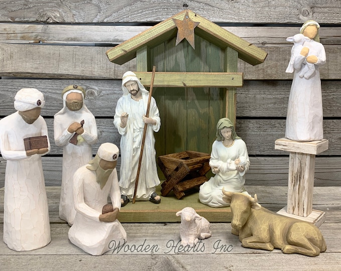 STABLE CRECHE Fits Willow Tree Nativity Fireplace MANTLE Wood *Lighted Christmas Personalized Baby Manger Angel Stand Lights White Brown