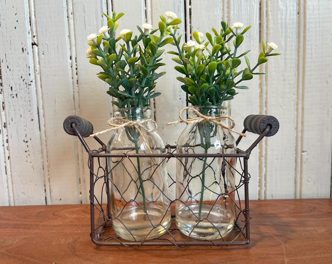 Shelf Decor Chicken Wire Tray with 3 Glass Bottles *Floral Arrangement *Farmhouse Home bathroom living room bedroom *Metal, Handle, Jars