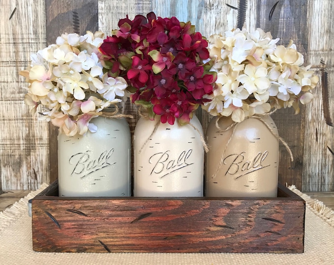 MASON Jar Decor Centerpiece (Flowers optional) -Antique Wood TRAY Rusty Handles- 3 Ball Canning Painted QUART Jars Distressed Red White Blue