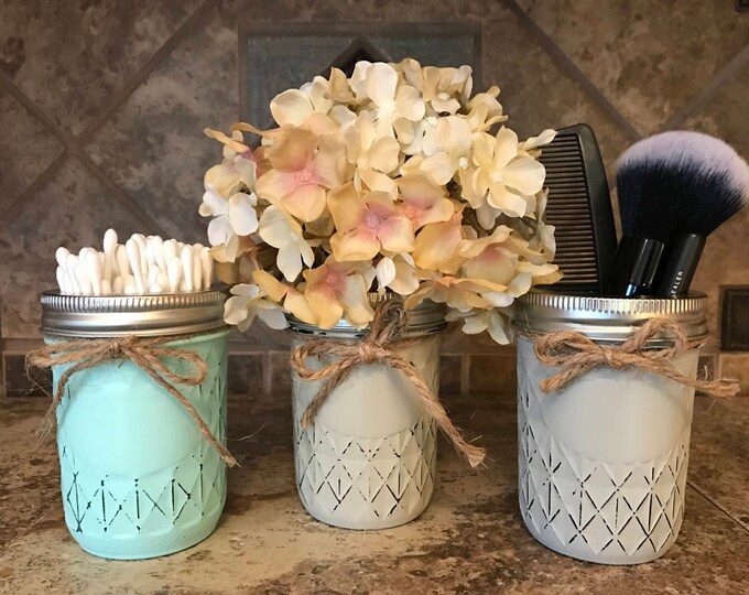 MASON Jar Decor Distressed Ball MINI QUILTED Hand Painted Jars Cream Tan Brown Gray Teal Blue Bathroom Kitchen Q-tip Makeup Toothpick Holder