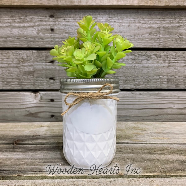 SUCCULENT PLANT  Mason Jar Half Pint  Quilted Farmhouse Decor Distressed Ball White Rustic Greenery Wedding Shower