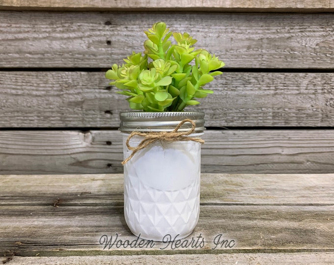 SUCCULENT PLANT  Mason Jar Half Pint  Quilted Farmhouse Decor Distressed Ball White Rustic Greenery Wedding Shower