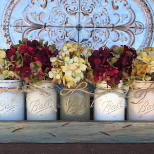 MASON Jar Decor Centerpiece (Flowers optional) - Kitchen Table TRAY with Reclaimed Handles- 5 Ball Canning Painted Pint Jars Distressed Wood