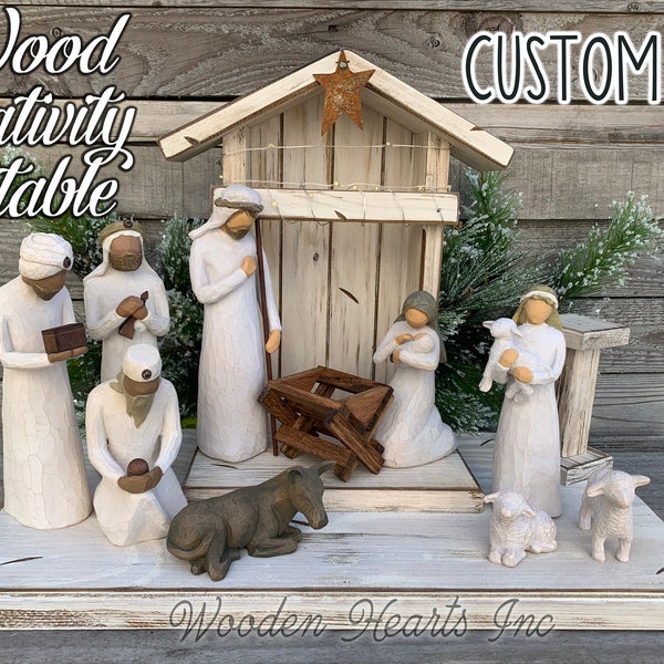 Nativity STABLE CRECHE for Willow Tree Angels *Lighted Nativity Distressed Christmas Decor *Personalized Sign Lights Baby Manger Angel Stand