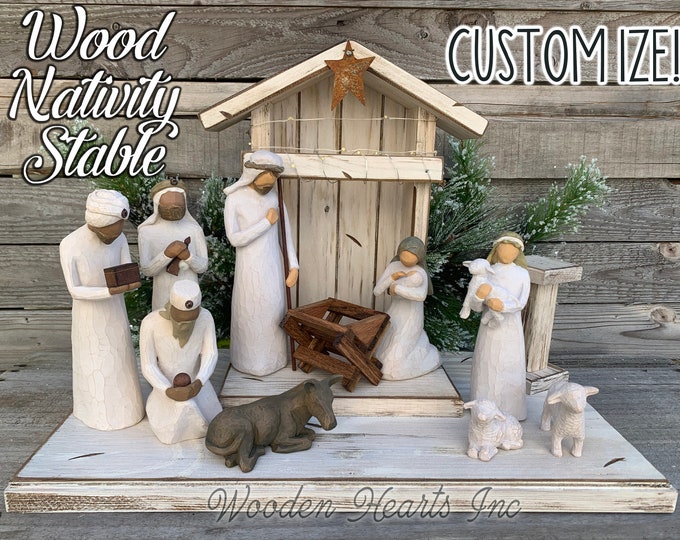 Nativity STABLE CRECHE for Willow Tree Angels *Lighted Nativity Distressed Christmas Decor *Personalized Sign Lights Baby Manger Angel Stand