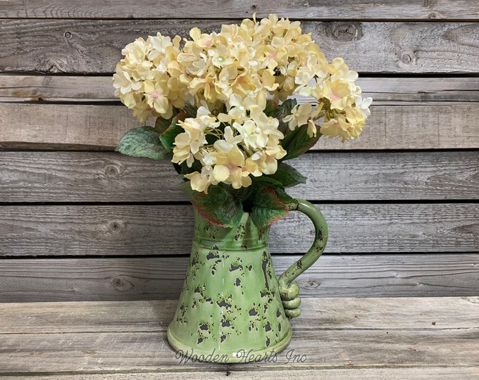 HYDRANGEA stem Bouquet BUNDLE decorate FLOWERS craft floral*Cream *Sage *Green Ceramic Pitcher Vase wedding *Beautiful Table Centerpiece