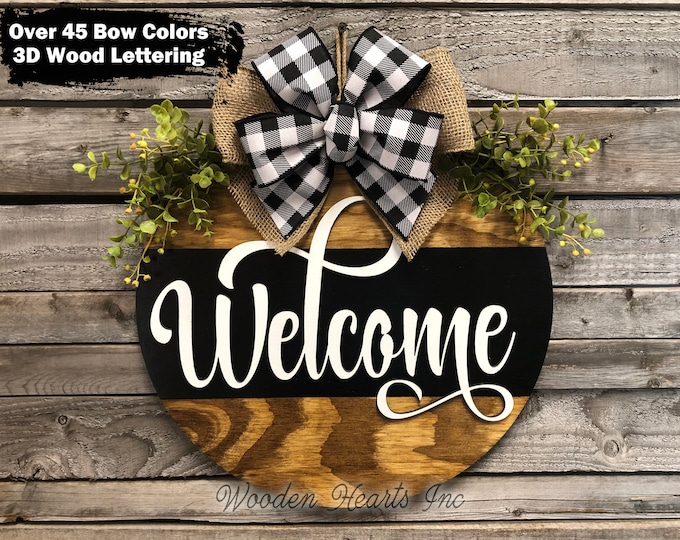 WELCOME Sign Front Door Hanger 16" Round with STRIPE, 3D Wood Wreath Bow, Porch Everyday Sign, Fall Sign, Housewarming, Anniversary Gift