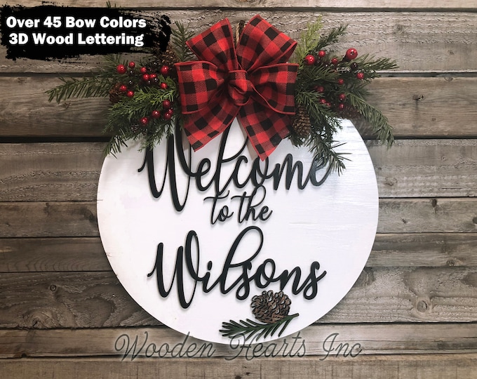 Personalized Christmas Holiday Door Hanger Wreath, Wood Round Pinecone Sign + Custom Name, Merry Christmas, 16" 3D Wood Lettering Bow, Gift