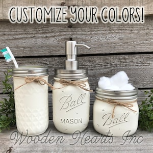 Farmhouse MASON JAR Bathroom Decor SET 3 piece, Soap Lotion Pump Dispenser Makeup Brush Toothbrush Holder Painted Ball Jars Kitchen Counter