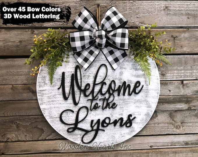 Personalized Door Hanger Welcome Wreath, Welcome to the (custom last name) 3D Wooden, Bow Greenery Front Decor Everyday 16" Round Sign White