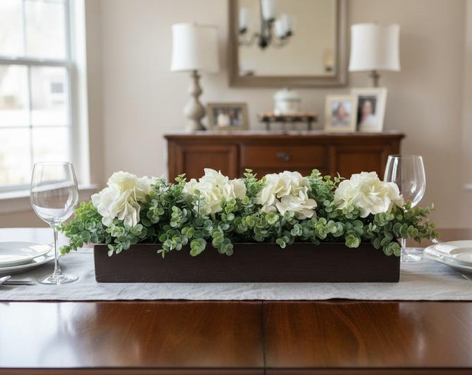 Farmhouse Wood Tray Centerpiece with Hydrangeas & Eucalyptus