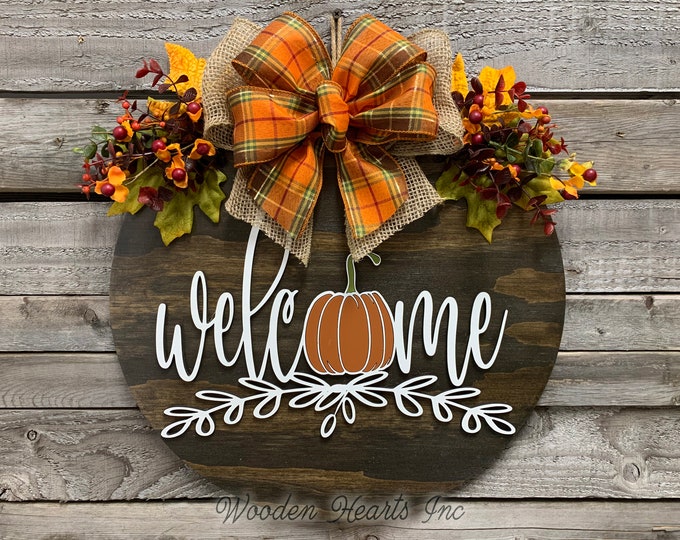 FALL Door Hanger Wreath, WELCOME Pumpkin, Wood Round Sign 16", 3D Wood Lettering, Bow Leaves with Berries, Fall Decor Sign, Orange, Brown