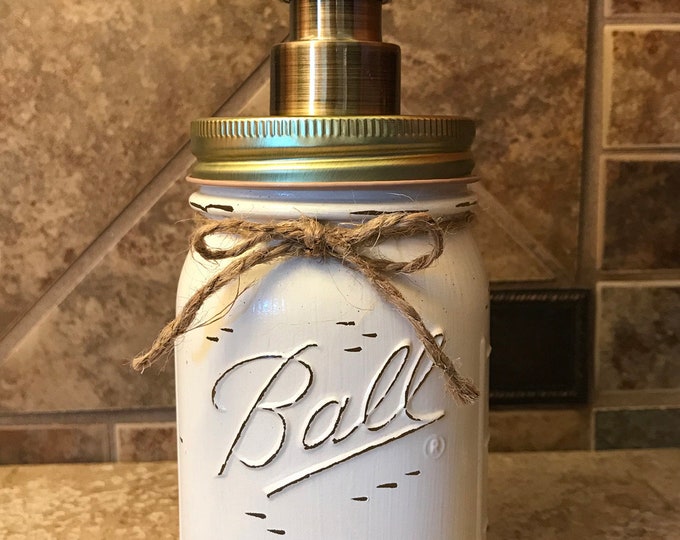Hand-Painted Mason Jar Soap Dispenser, Brass Pump, Distressed Finish