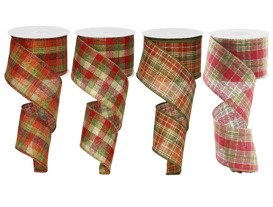 Wired Plaid Ribbon, Metallic Fall Christmas Decor, 2.5