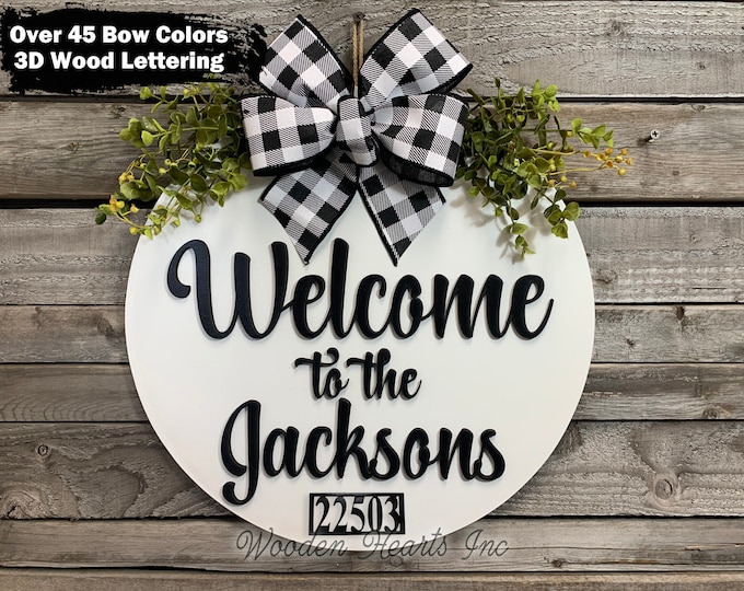 ADDRESS Sign for House, Door Hanger Personalized Last Name, Welcome Wreath Custom, Est Date, Apt Number # Front Everyday 16" Round White