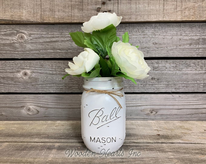MASON Jar WEDDING Table Decor Distressed PINT Ball Painted White Tan Brown Gray Teal Blue *Great for Centerpiece (Greenery Optional)