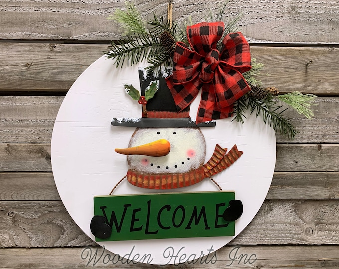 Snowman Welcome Christmas Holiday Door hanger Wreath Wood Round Sign Greenery, Believe, Boy Top Hat, Bow 16" 3D Metal Snowman