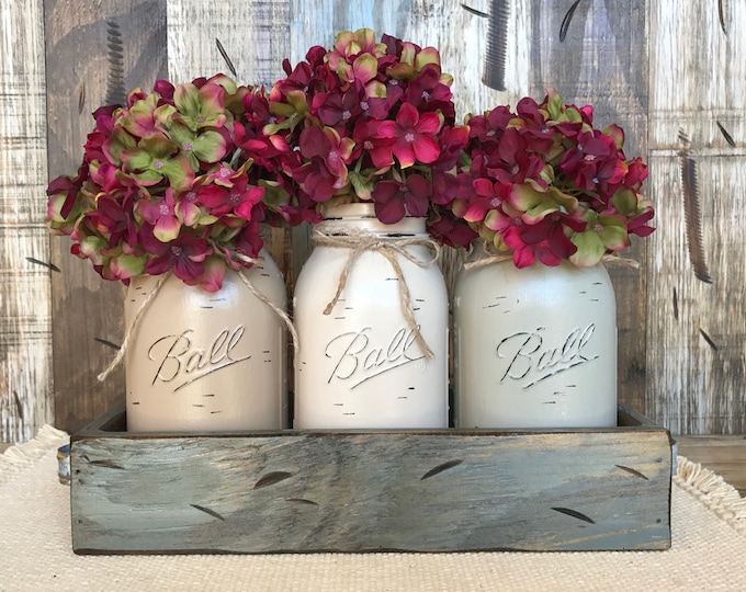 MASON Jar Decor Centerpiece (Flowers optional) -Antique Wood TRAY Rusty Handles- 3 Ball Canning Painted QUART Jars Distressed Red White Blue