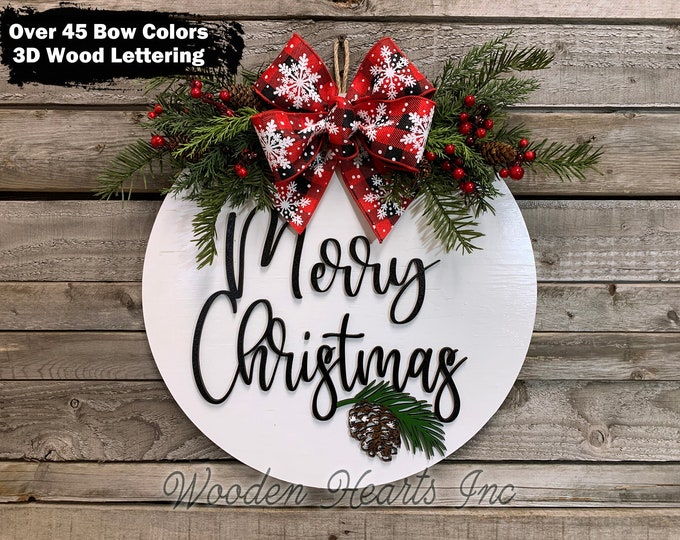 Christmas Door Hanger Wreath Holiday Sign, Wood Round Gift Pinecone, Welcome Happy Holidays, Seasons Greetings, 16" 3D Wood Lettering Bow