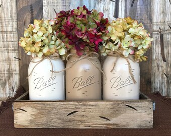 MASON Jar Decor Centerpiece (Flowers optional) -Antique Wood TRAY Rusty Handles- 3 Ball Canning Painted QUART Jars Distressed Red White Blue