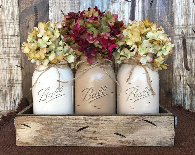 MASON Jar Decor Centerpiece (Flowers optional) -Antique Wood TRAY Rusty Handles- 3 Ball Canning Painted QUART Jars Distressed Red White Blue
