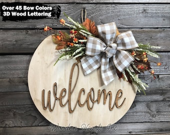 FALL Door hanger PUMPKIN sign, Wreath WELCOME or Blessed Sign, Porch, Wood 16" 3D Wood Custom, Leaves, Autumn, Fall Decor Sign, White Orange