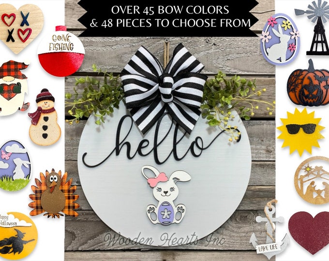 HELLO Wreath Signs Door Hanger Welcome with Bow Front Door Decor + Interchangeable Season Changer Piece 14" Round, Spring Heart Easter Bunny