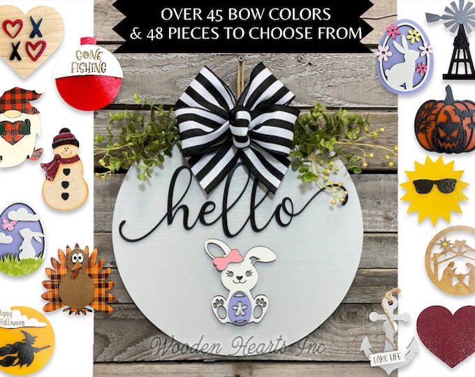 HELLO Wreath Signs Door Hanger Welcome with Bow Front Door Decor + Interchangeable Season Changer Piece 14" Round, Spring Heart Easter Bunny