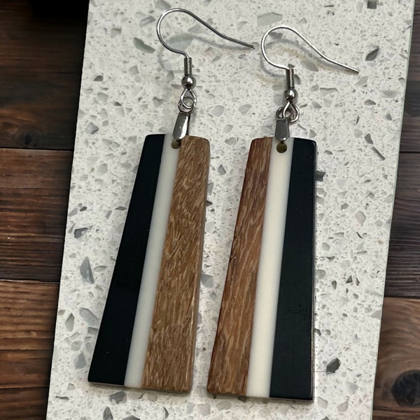 EARRINGS Natural Wood  [White + Black Resin] Stainless steel Hypo-Allergenic Hooks [ Hanging Dangle Boho] Light weight Wood Holiday Gift