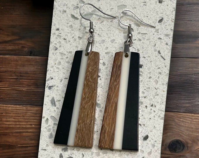 EARRINGS Natural Wood  [White + Black Resin] Stainless steel Hypo-Allergenic Hooks [ Hanging Dangle Boho] Light weight Wood Holiday Gift