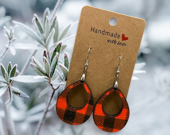 EARRINGS Teardrop Buffalo Plaid [Red Black] Stainless steel Hypo-Allergenic [ Hanging Teardrop Dangle Boho] Light weight Wood Holiday