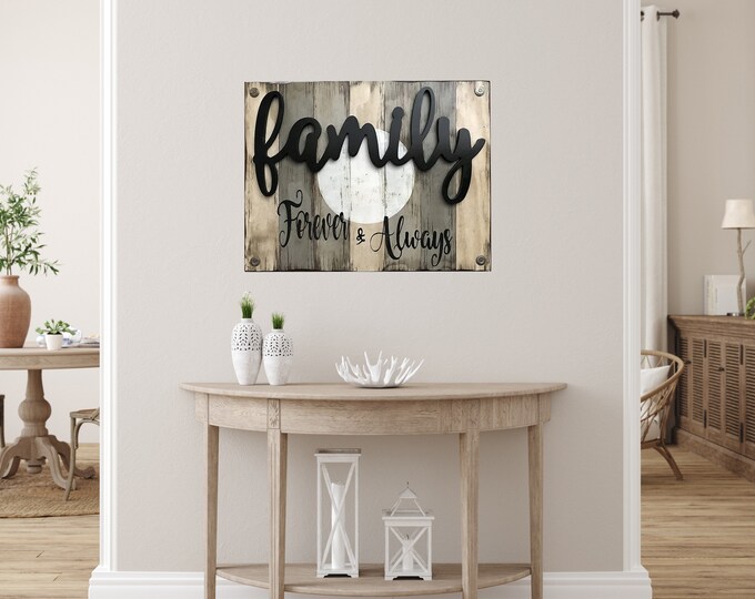 Family Sign for wall, Forever & Always Wooden SIGN *Beautiful Distressed Wood Wall *Rustic Large Home Decor, Living Room *Blue Gray 26X20