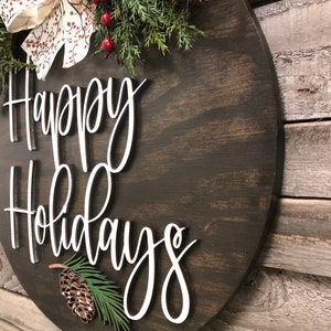Happy Holidays Door Hanger Wreath, 16 Wood Round Pinecone Sign Greenery, Merry Christmas, Seasons Greetings, 3D Wood Lettering, Xmas Gift image 5