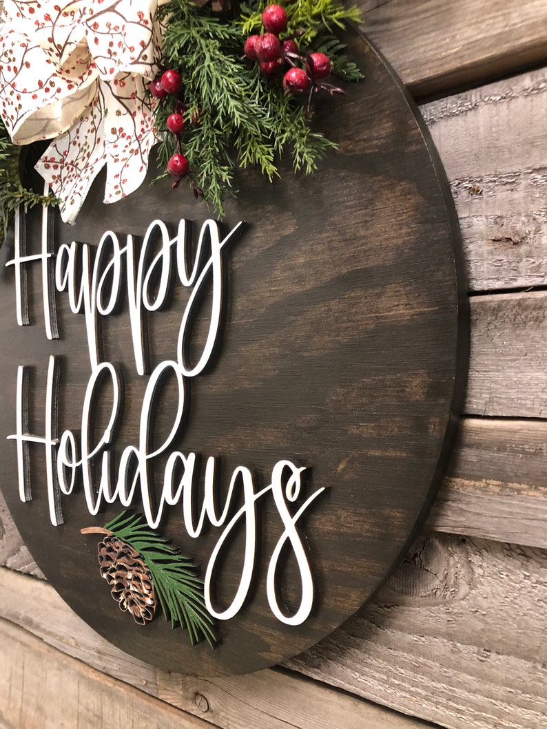 Happy Holidays Door Hanger Wreath, 16 Wood Round Pinecone Sign Greenery, Merry Christmas, Seasons Greetings, 3D Wood Lettering, Xmas Gift image 5