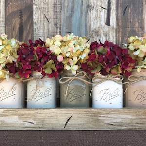 MASON Jar Decor Centerpiece (Flowers optional) -Antique Kitchen TRAY with Reclaimed Handles 5 Ball Canning Painted Pint Jars Distressed Wood