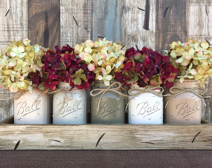 MASON Jar Decor Centerpiece (Flowers optional) -Antique Kitchen TRAY with Reclaimed Handles 5 Ball Canning Painted Pint Jars Distressed Wood