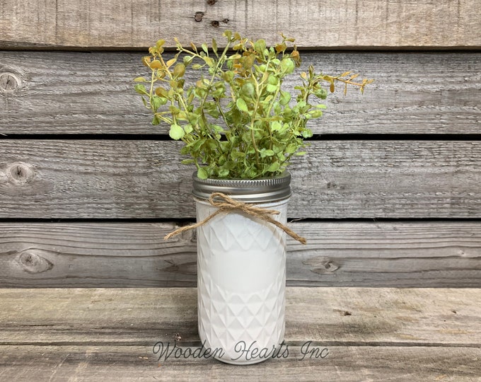 MASON Jar WEDDING Table Decor Distressed Tall QUILTED Ball Painted White Tan Brown Gray Teal Blue *Great for Centerpiece (Greenery Optional)