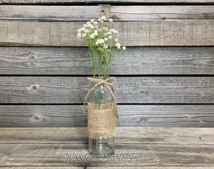 Glass bottle jar with burlap ribbon WITHOUT GREENERY *kitchen table centerpiece, rustic country flower vase