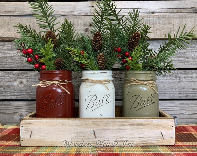 Mason Jar Centerpieces CHRISTMAS HOLIDAY Tray 3 Jars, Wood Holiday Tray, Kitchen Table Decor, Christmas Gift, Christmas Decor, Holiday Jars