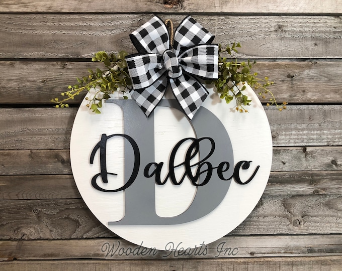 Custom MONOGRAM Door Hanger, 16" Round name, 3D Wood Letter Welcome Sign, Wreath Bow, Housewarming, Personalized Wedding Gift, Fall Sign